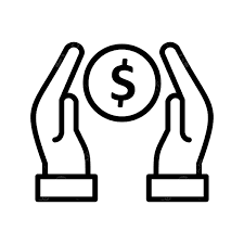 Line art of two hands surrounding a coin with a dollar sign in the center.